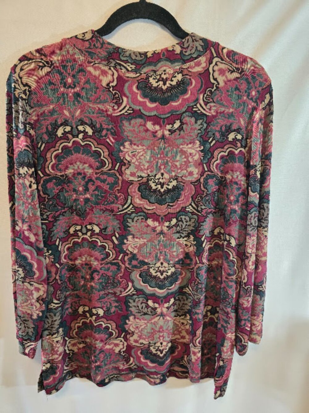 CHICOS TRAVELERS PAISLEY PRINT BURGUNDY BLACK 3/4 QUARTER SLEEVES SIZE 2 LARGE - Picture 4 of 7